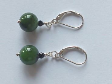 silver earrings-leverbacks with jadeite and tourmaline beads-the colours are green and black-